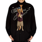 Novelty necktie featuring a Golden Retriever dog dressed in a plaid shirt, khaki shorts, and a cap, holding a drink, with a 'World's Best Dad' medallion around its neck