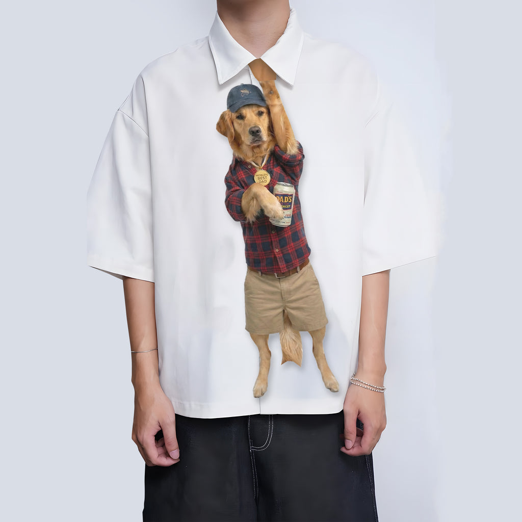 Novelty necktie featuring a Golden Retriever dog dressed in a plaid shirt, khaki shorts, and a cap, holding a drink, with a 'World's Best Dad' medallion around its neck