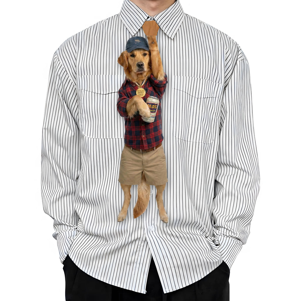 Novelty necktie featuring a Golden Retriever dog dressed in a plaid shirt, khaki shorts, and a cap, holding a drink, with a 'World's Best Dad' medallion around its neck