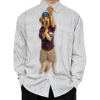Novelty necktie featuring a Golden Retriever dog dressed in a plaid shirt, khaki shorts, and a cap, holding a drink, with a 'World's Best Dad' medallion around its neck