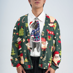 Novelty necktie featuring a gray cat wearing a festive Christmas sweater and Santa hat, ideal for holiday-themed outfits.