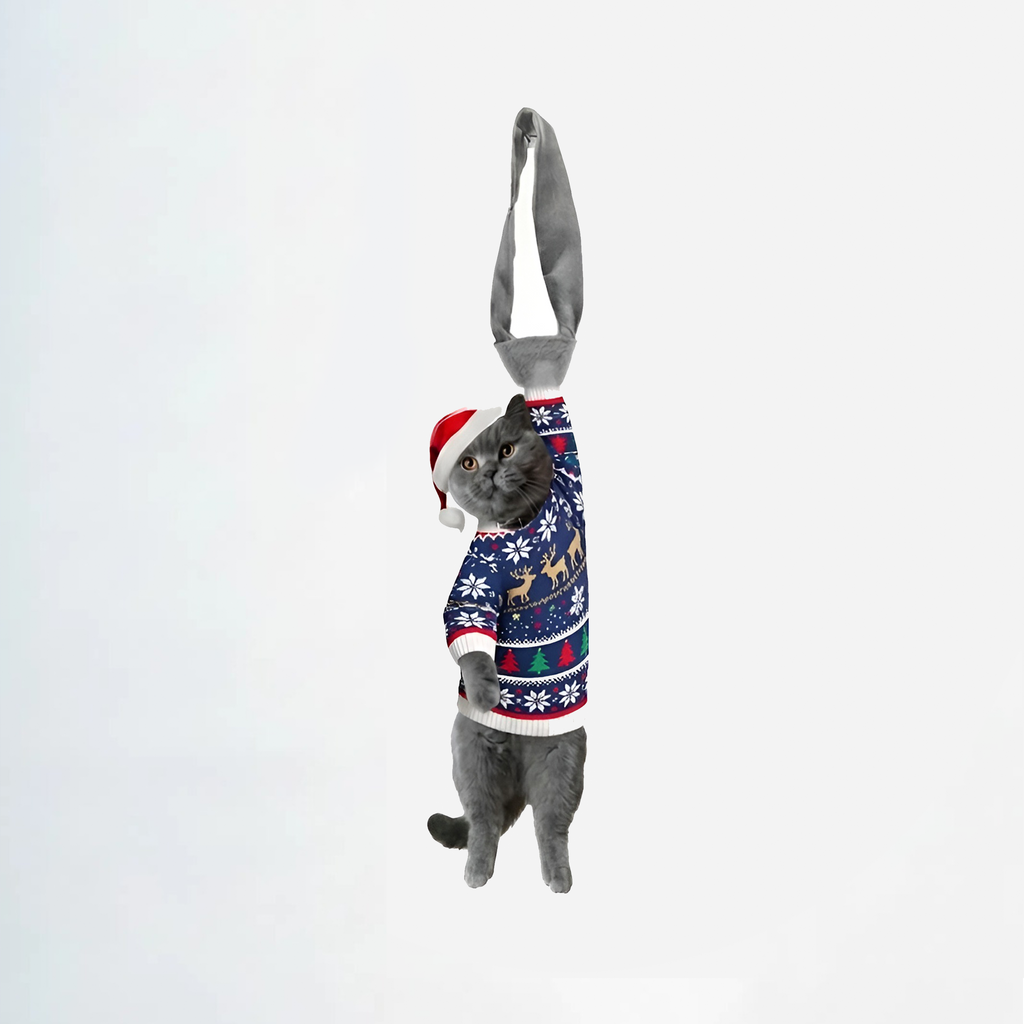 Novelty necktie featuring a gray cat wearing a festive Christmas sweater and Santa hat, ideal for holiday-themed outfits.