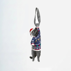Novelty necktie featuring a gray cat wearing a festive Christmas sweater and Santa hat, ideal for holiday-themed outfits.