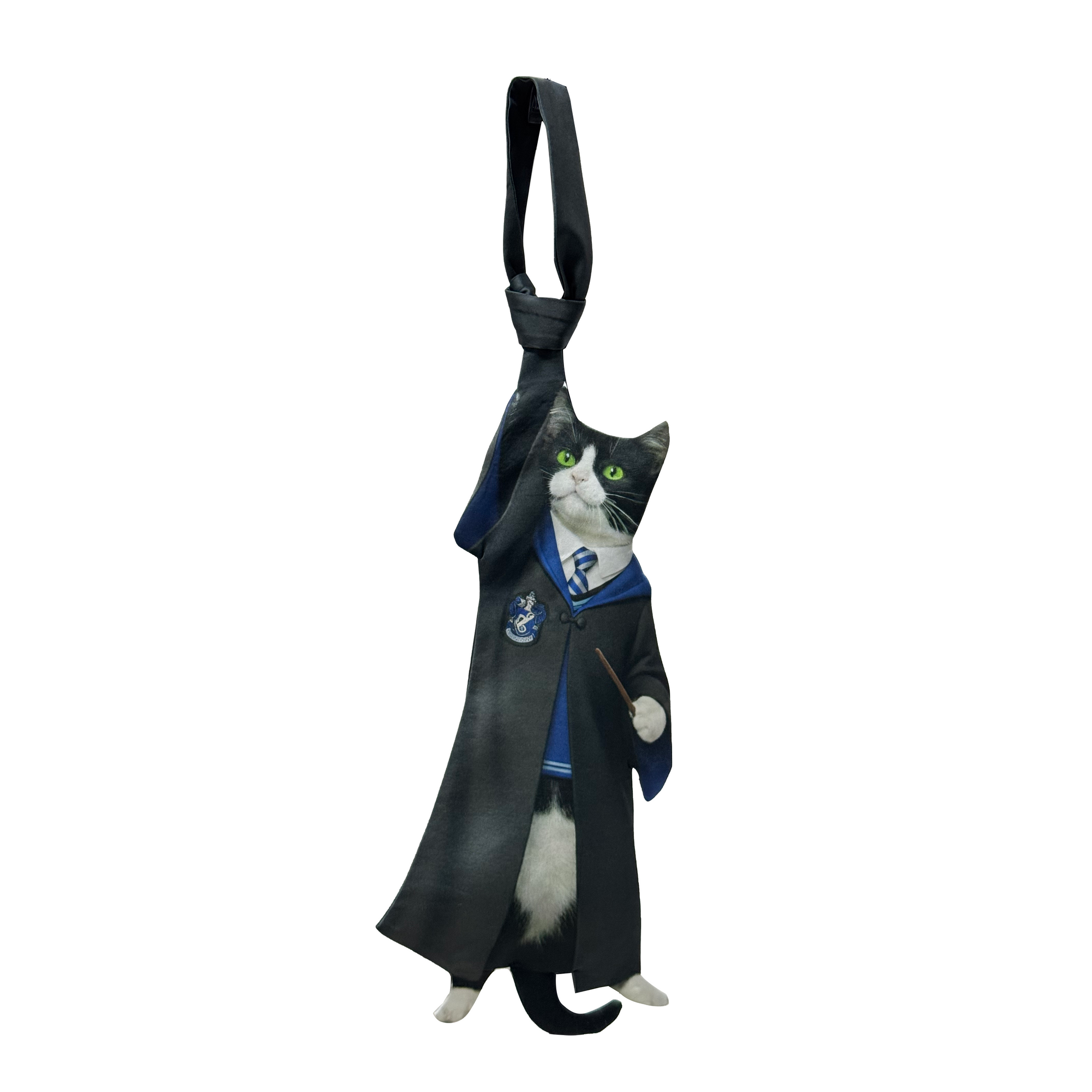 Novelty necktie featuring a creative illustration of a tuxedo cat dressed as a Hogwarts student, wearing a black robe with a house crest, a blue and white striped tie, and holding a magic wand. A fun and unique fashion accessory for Harry Potter fans.