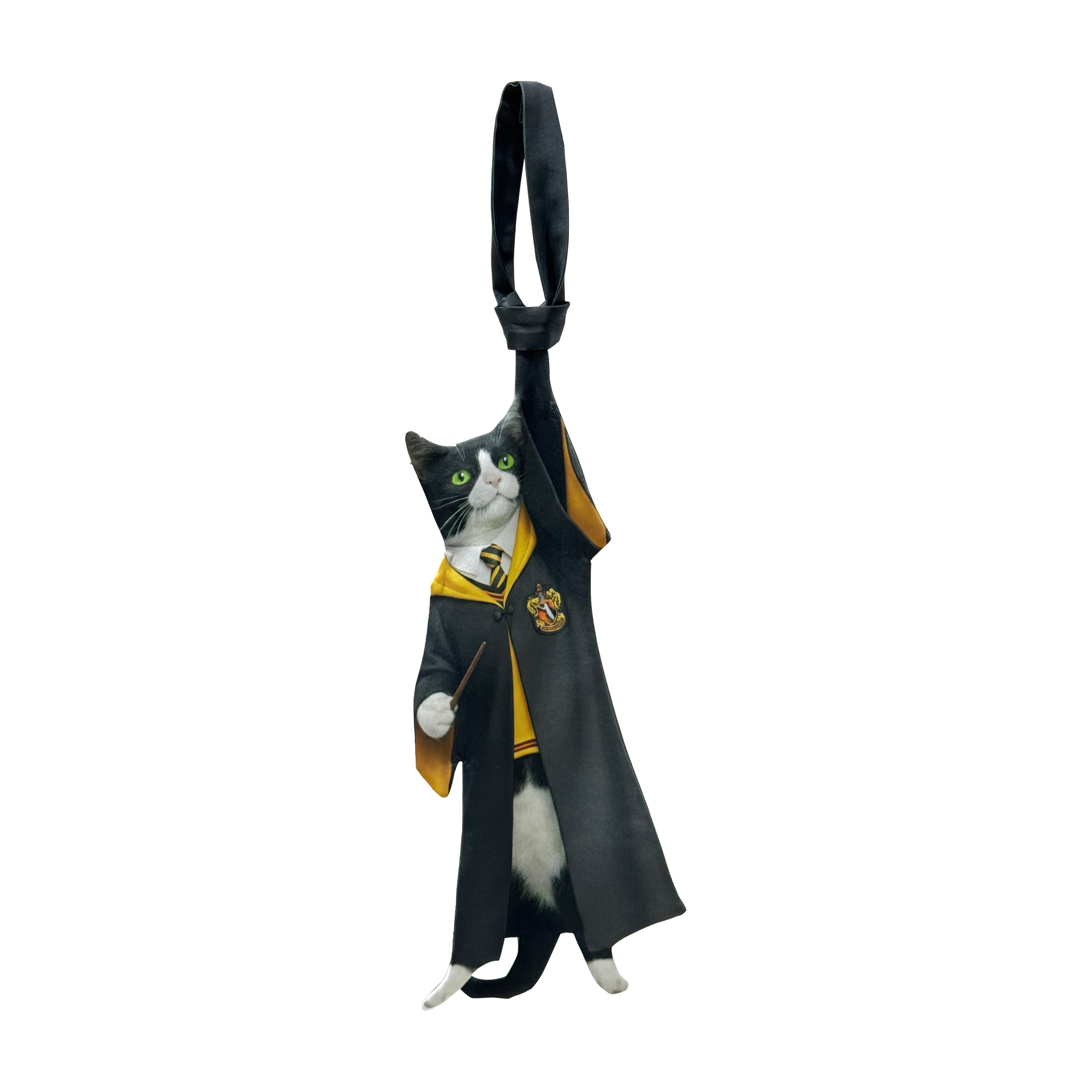 Novelty necktie featuring a creative illustration of a tuxedo cat dressed as a Hogwarts student from house Hufflepuff, wearing a black robe with yellow accents, a house crest, and a yellow and black striped tie, while holding a magic wand. A fun and unique fashion accessory for Harry Potter fans