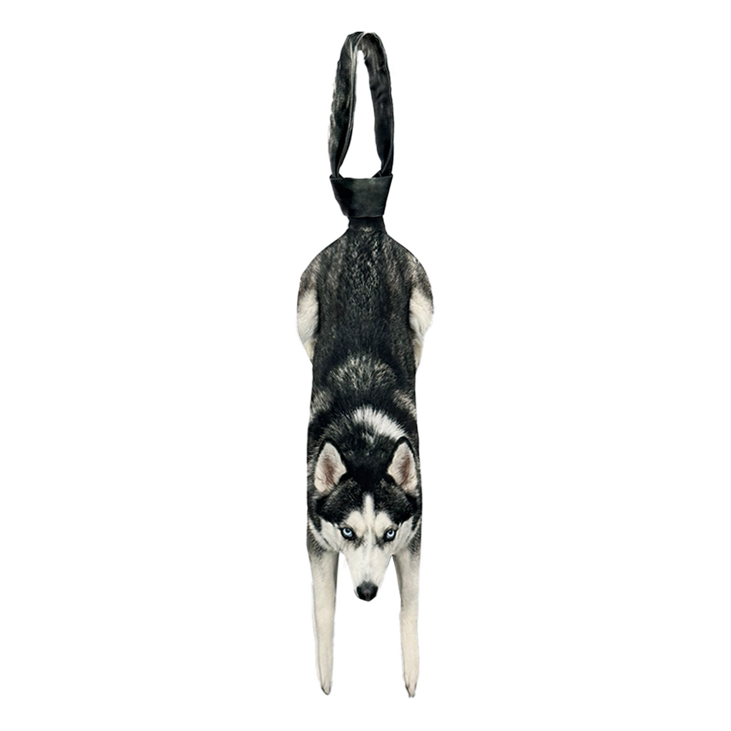 Novelty necktie featuring a realistic hanging Husky dog design, a fun and unique fashion accessory for dog lovers.