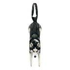 Novelty necktie featuring a realistic hanging Husky dog design, a fun and unique fashion accessory for dog lovers.