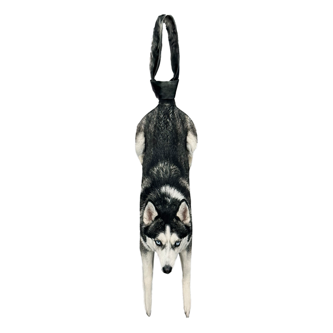 Novelty necktie featuring a realistic hanging Husky dog design, a fun and unique fashion accessory for dog lovers.