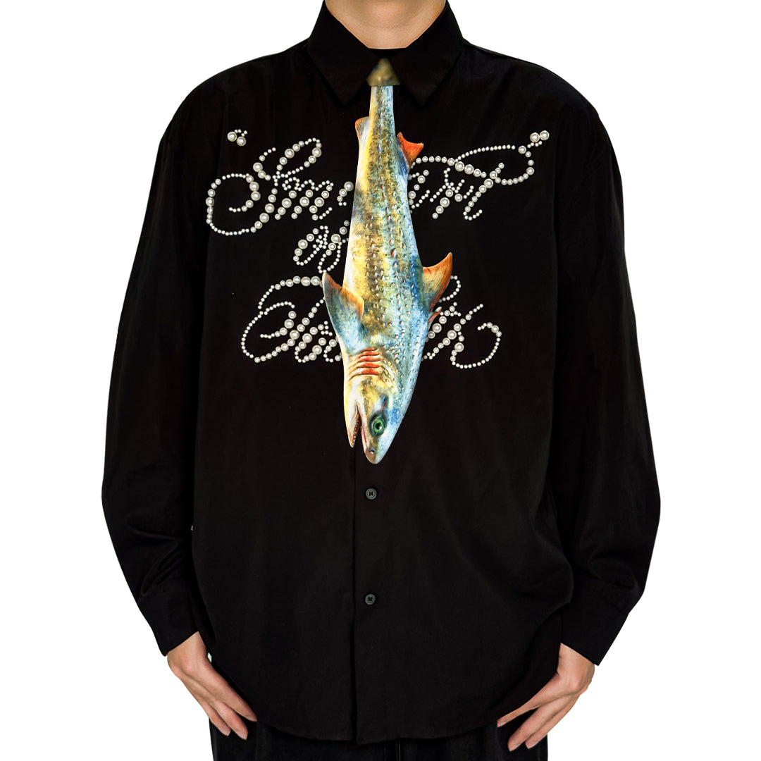 Novelty necktie featuring a realistic, detailed illustration of a fish in shades of yellow and blue, a unique and eye-catching fashion accessory for aquatic life enthusiasts.