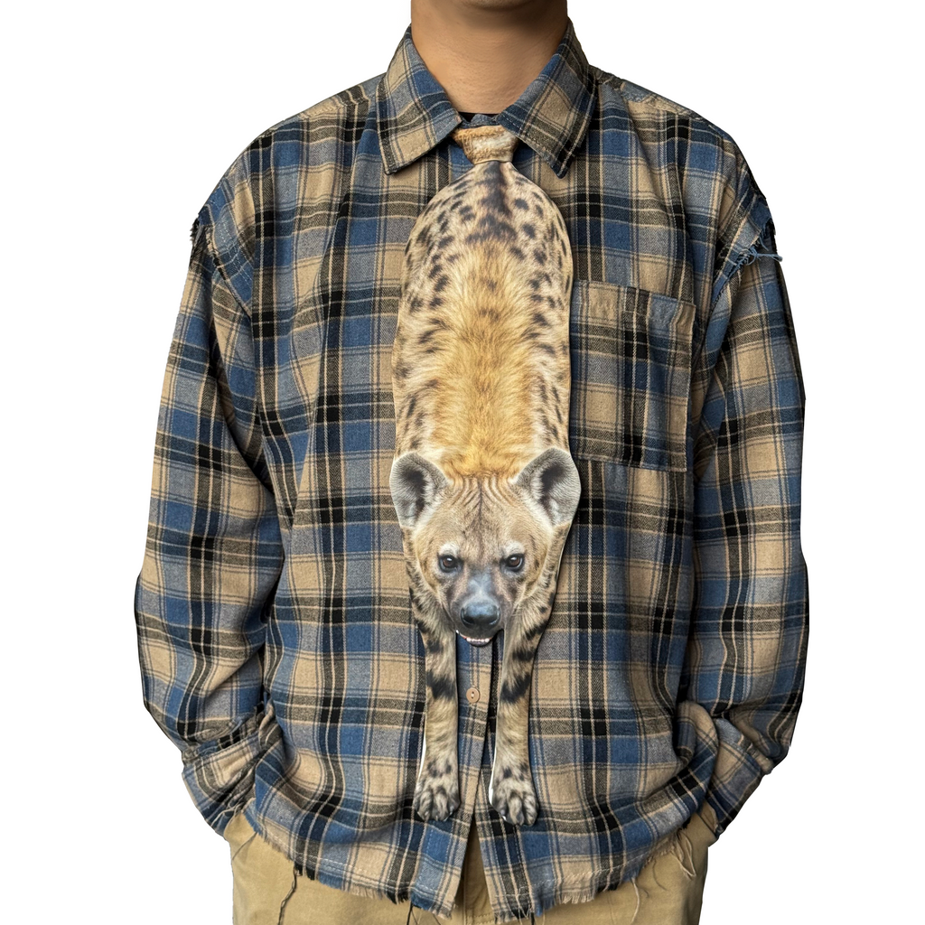 Novelty necktie featuring a realistic hanging hyena design, a bold and unique fashion accessory.