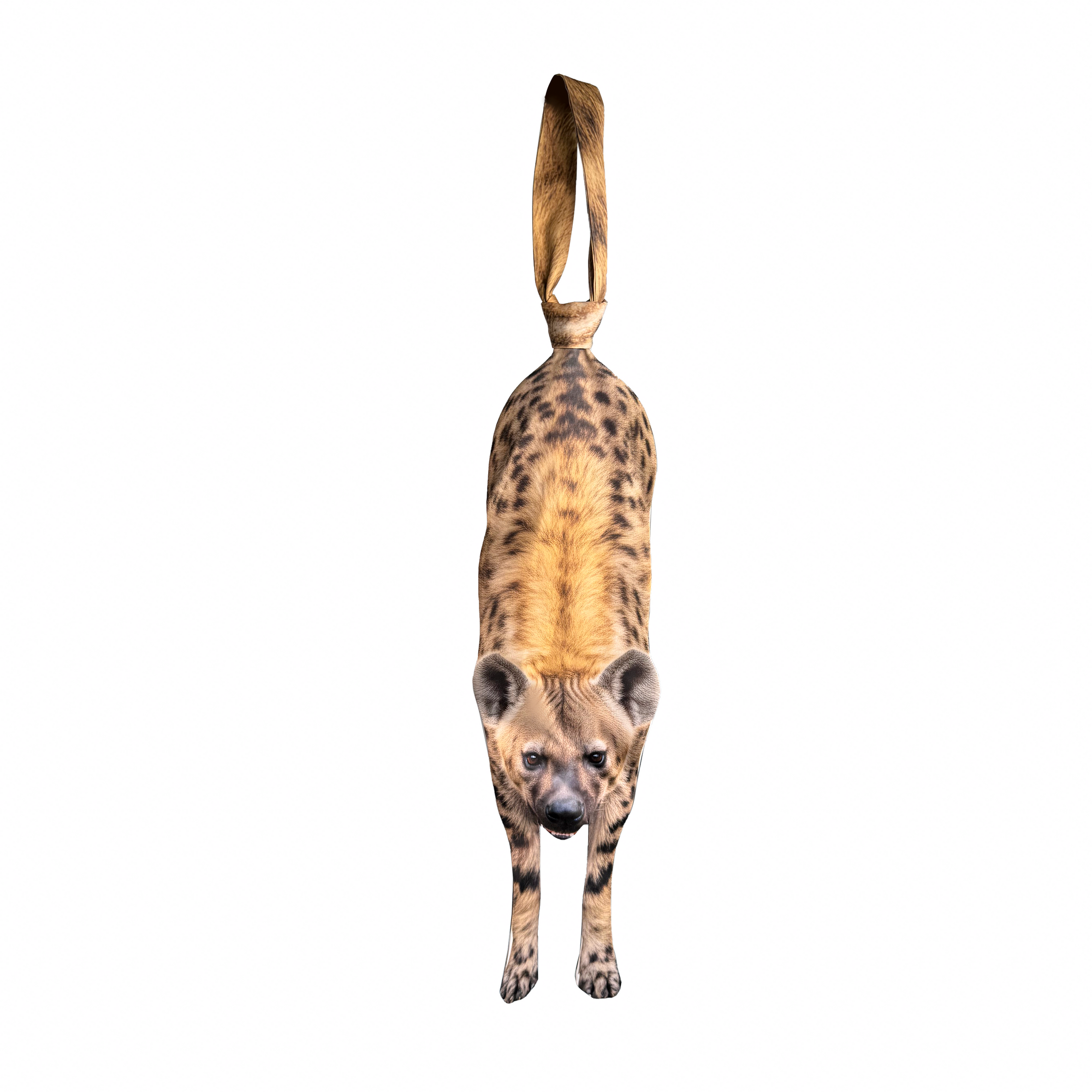 Novelty necktie featuring a realistic hanging hyena design, a bold and unique fashion accessory.