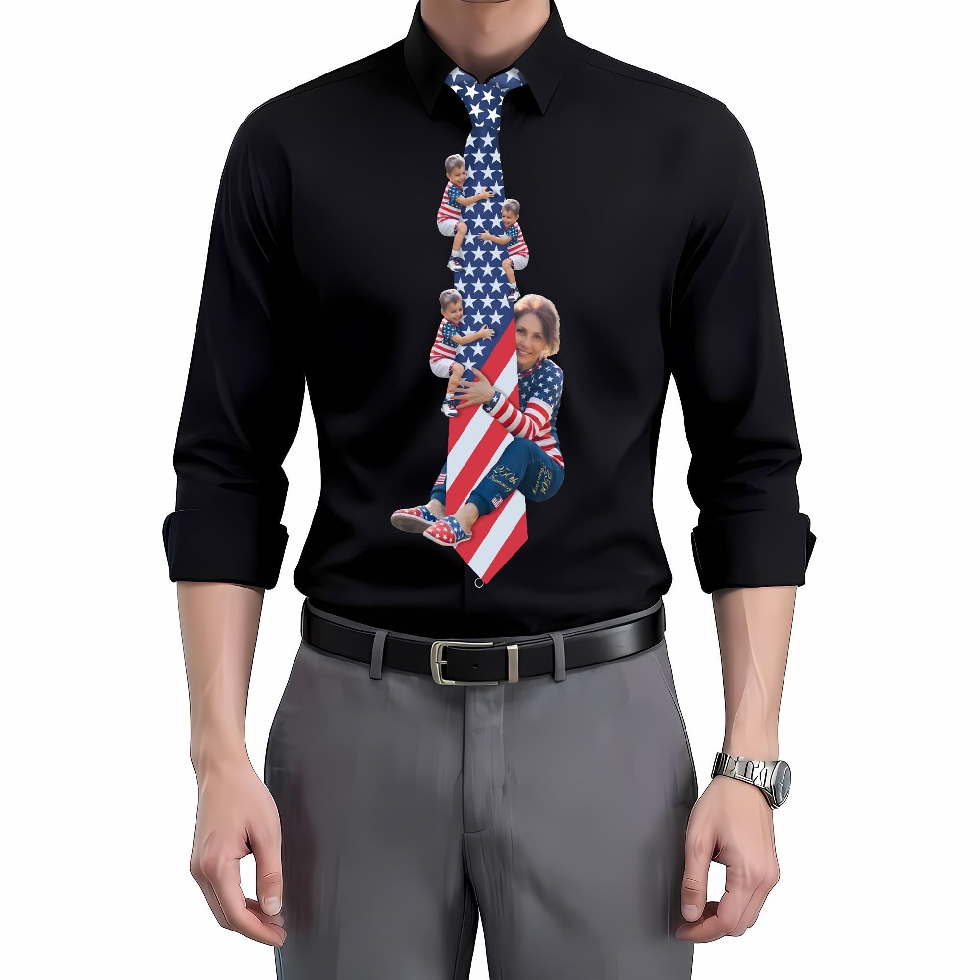 Custom Photo Tie for Dad Patriotic US Flag, American Flag Necktie Family Photo