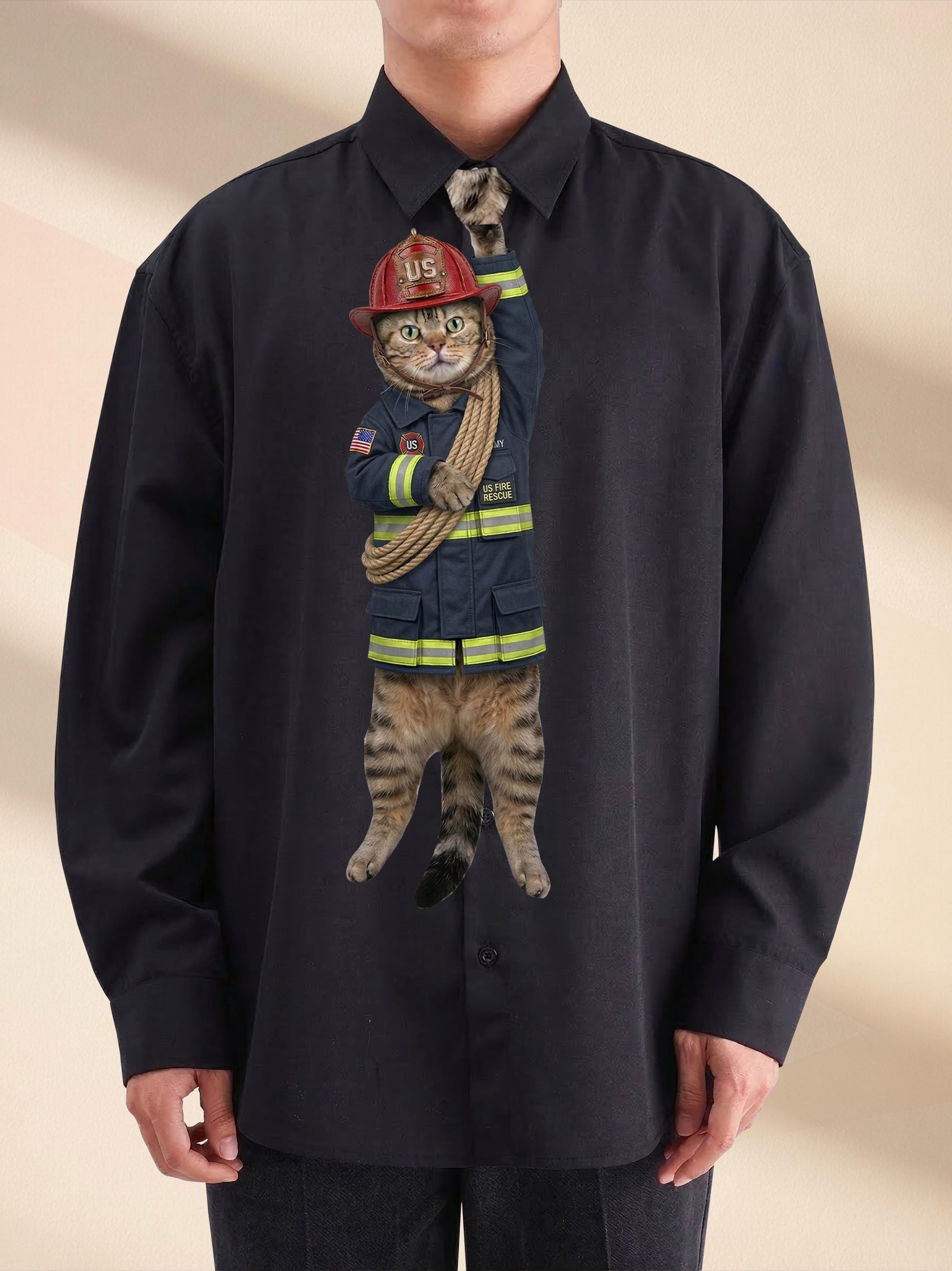 Funny Firefighter Cat Necktie, Unique Firefighter Gag Gift, Cute US Fire Rescue Cat Tie