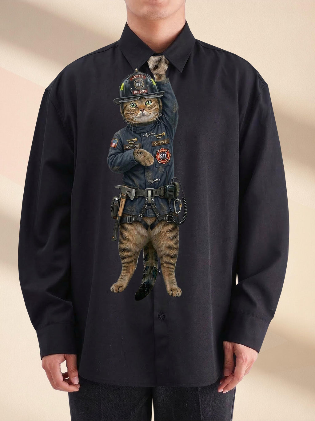 Funny Firefighter Cat Necktie, Unique Fire Rescue Gag Gift, Captain Cat Tie
