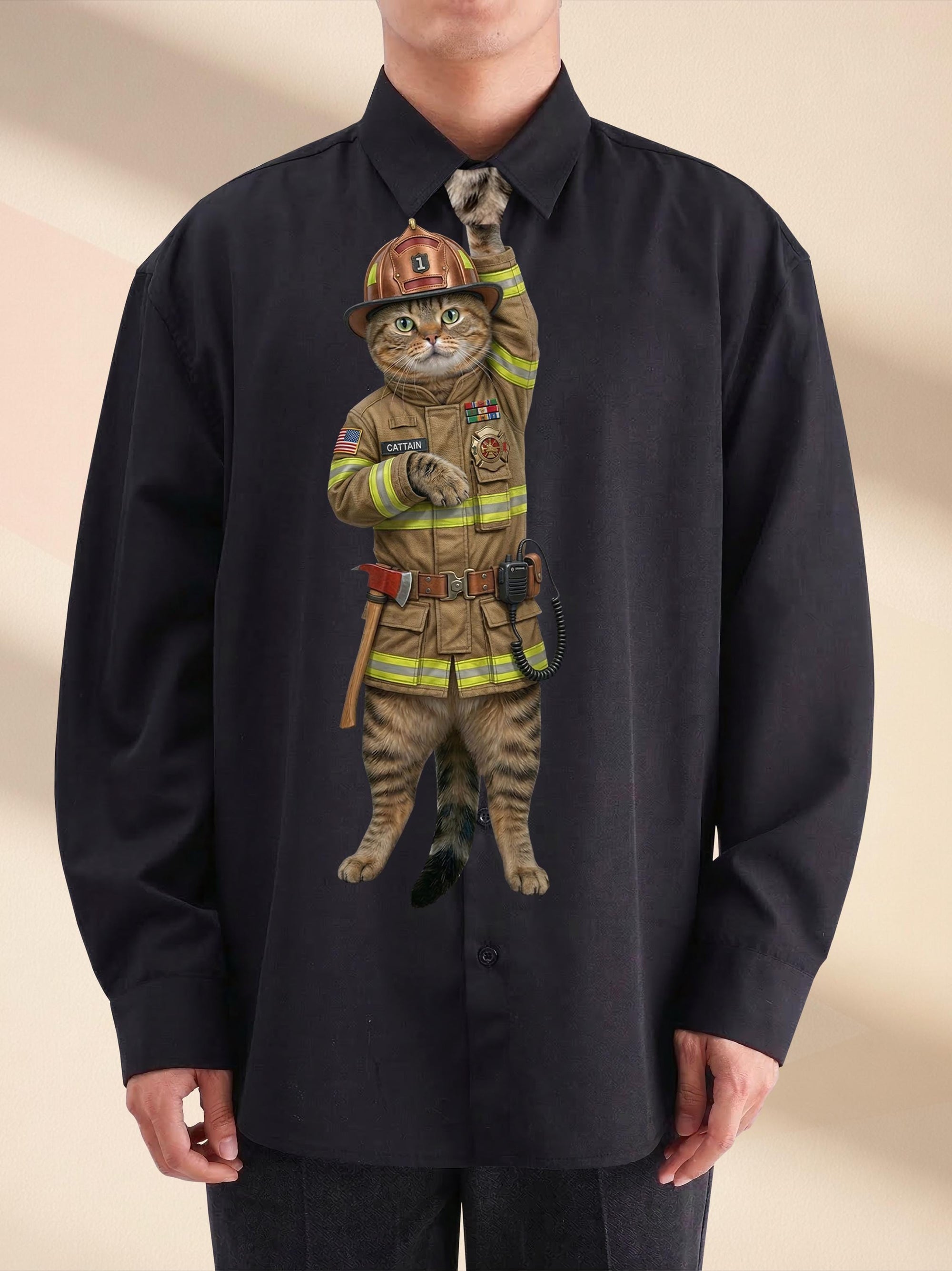 Funny 911 Firefighter Cat Necktie, Unique Fire Rescue Gag Gift, Heroic Cat in Gear Tie