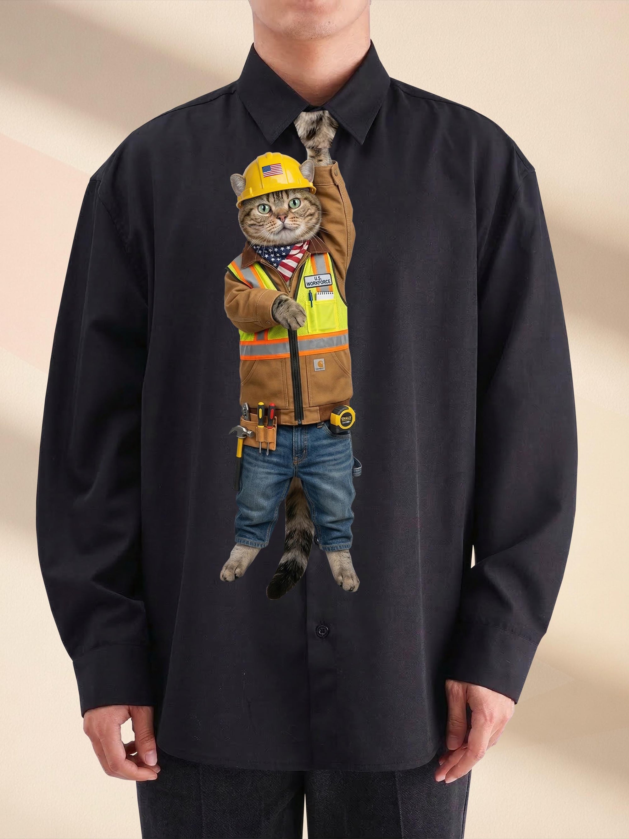Funny Construction Worker Cat Necktie, Unique Handyman Gag Gift