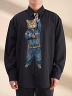 Funny Mechanic Cat Necktie, Auto Technician Gag Gift, Denim Repairman Cat Tie