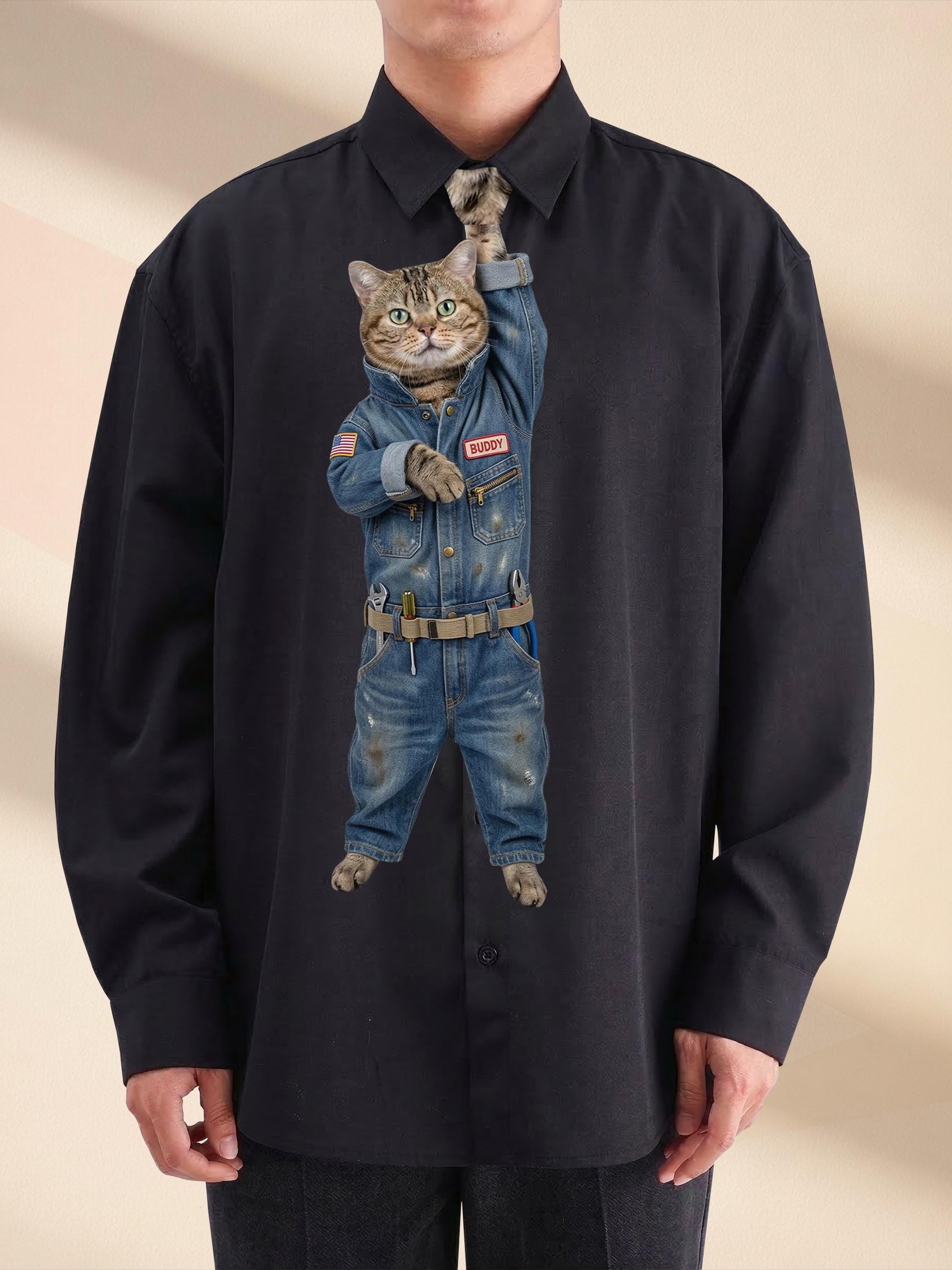 Funny Mechanic Cat Necktie, Auto Technician Gag Gift, Denim Repairman Cat Tie