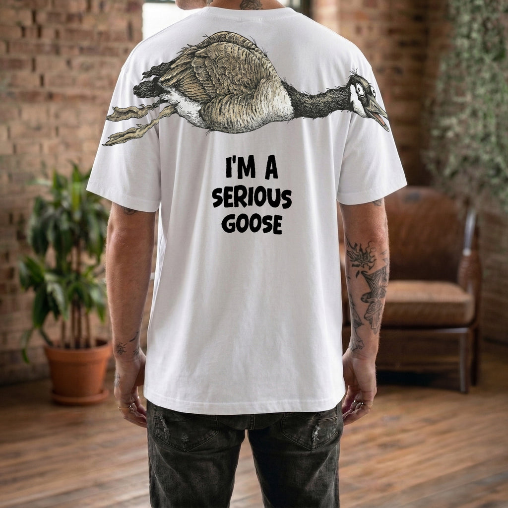 I'm A Serious Goose sweatshirt funny graphic pullover by Dripvity, unisex oversized white sweatshirt with goose design on back