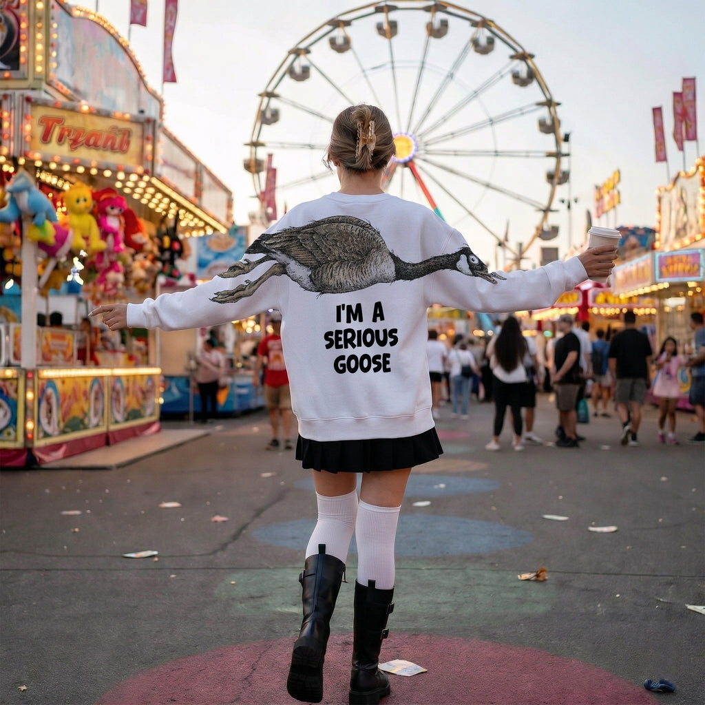 I'm A Serious Goose sweatshirt funny graphic pullover by Dripvity, unisex oversized white sweatshirt with goose design on back