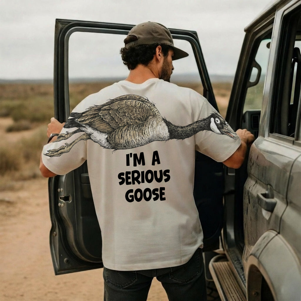 I'm A Serious Goose sweatshirt funny graphic pullover by Dripvity, unisex oversized white sweatshirt with goose design on back