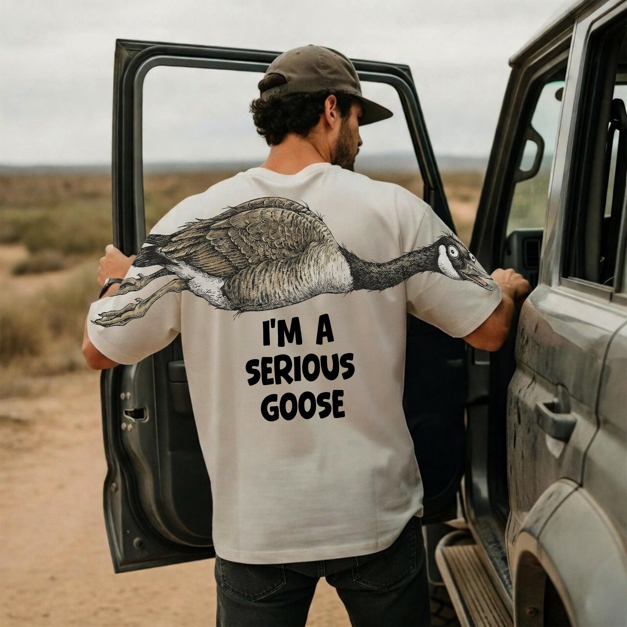 I'm A Serious Goose sweatshirt funny graphic pullover by Dripvity, unisex oversized white sweatshirt with goose design on back