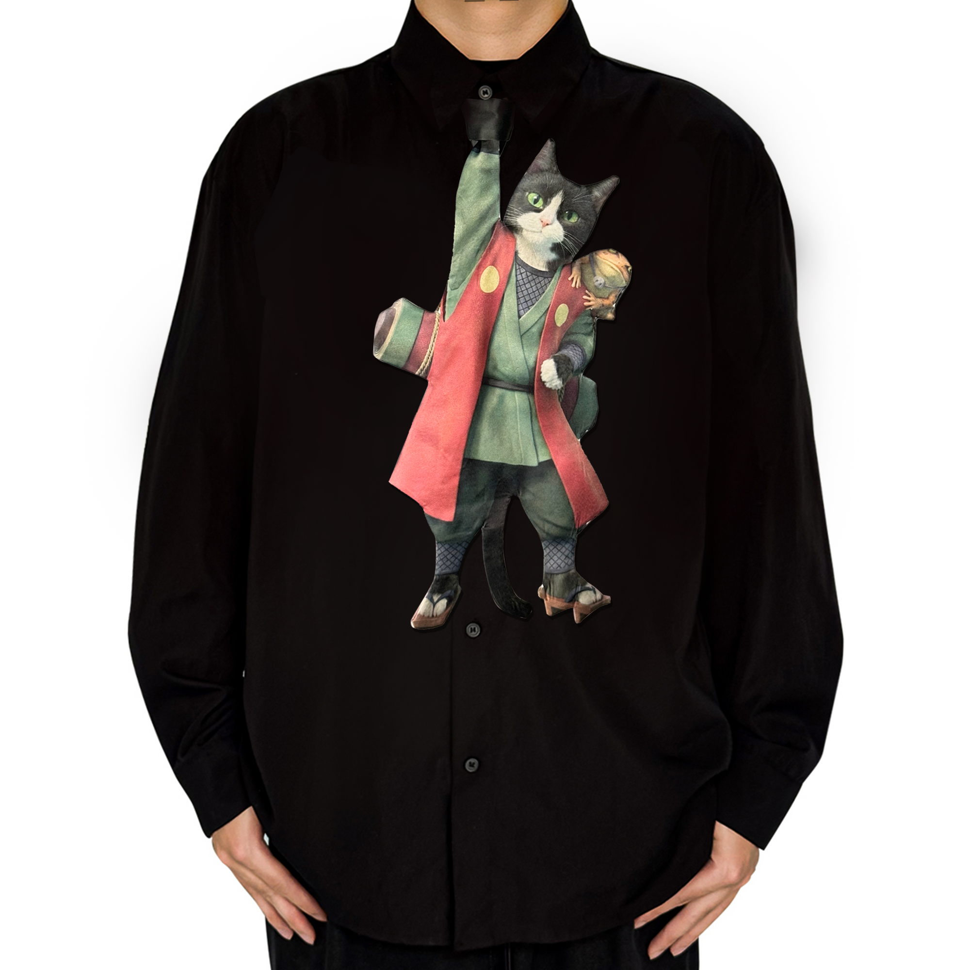 Novelty necktie featuring a creative illustration of a tuxedo cat cosplaying as Jiraiya from Naruto, wearing his signature green and red ninja attire with a small toad companion. A unique and fun fashion accessory for anime fans