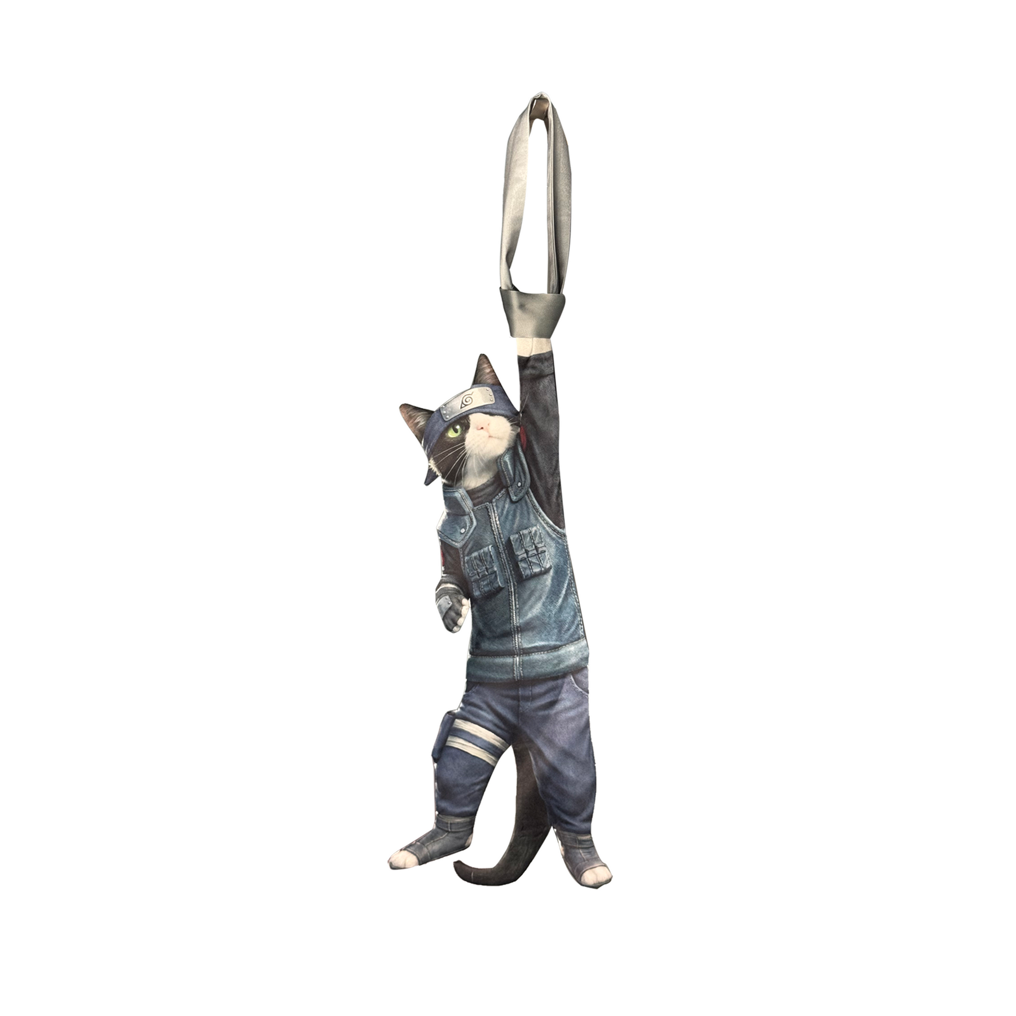 Novelty necktie featuring a creative illustration of a tuxedo cat cosplaying as Kakashi Hatake from Naruto, complete with a Konoha headband and traditional ninja vest. A unique and fun fashion accessory for anime fans.