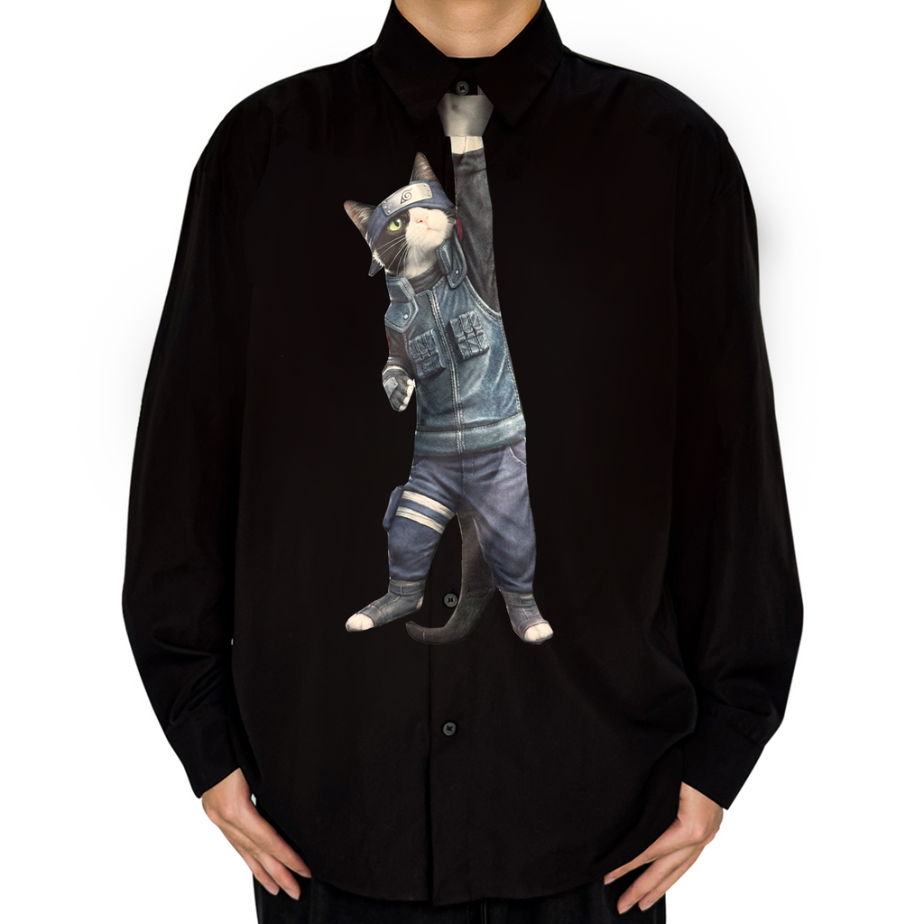 Novelty necktie featuring a creative illustration of a tuxedo cat cosplaying as Kakashi Hatake from Naruto, complete with a Konoha headband and traditional ninja vest. A unique and fun fashion accessory for anime fans.