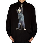 Novelty necktie featuring a creative illustration of a tuxedo cat cosplaying as Kakashi Hatake from Naruto, complete with a Konoha headband and traditional ninja vest. A unique and fun fashion accessory for anime fans.