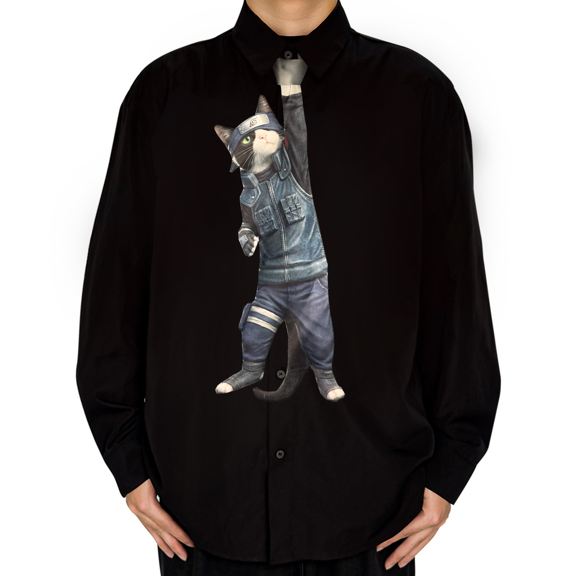 Novelty necktie featuring a creative illustration of a tuxedo cat cosplaying as Kakashi Hatake from Naruto, complete with a Konoha headband and traditional ninja vest. A unique and fun fashion accessory for anime fans.