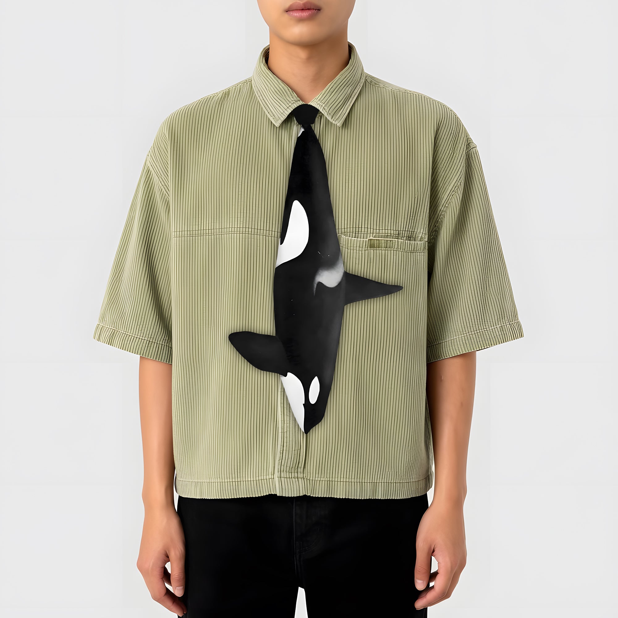 Unique novelty necktie featuring a sleek killer whale orca design.