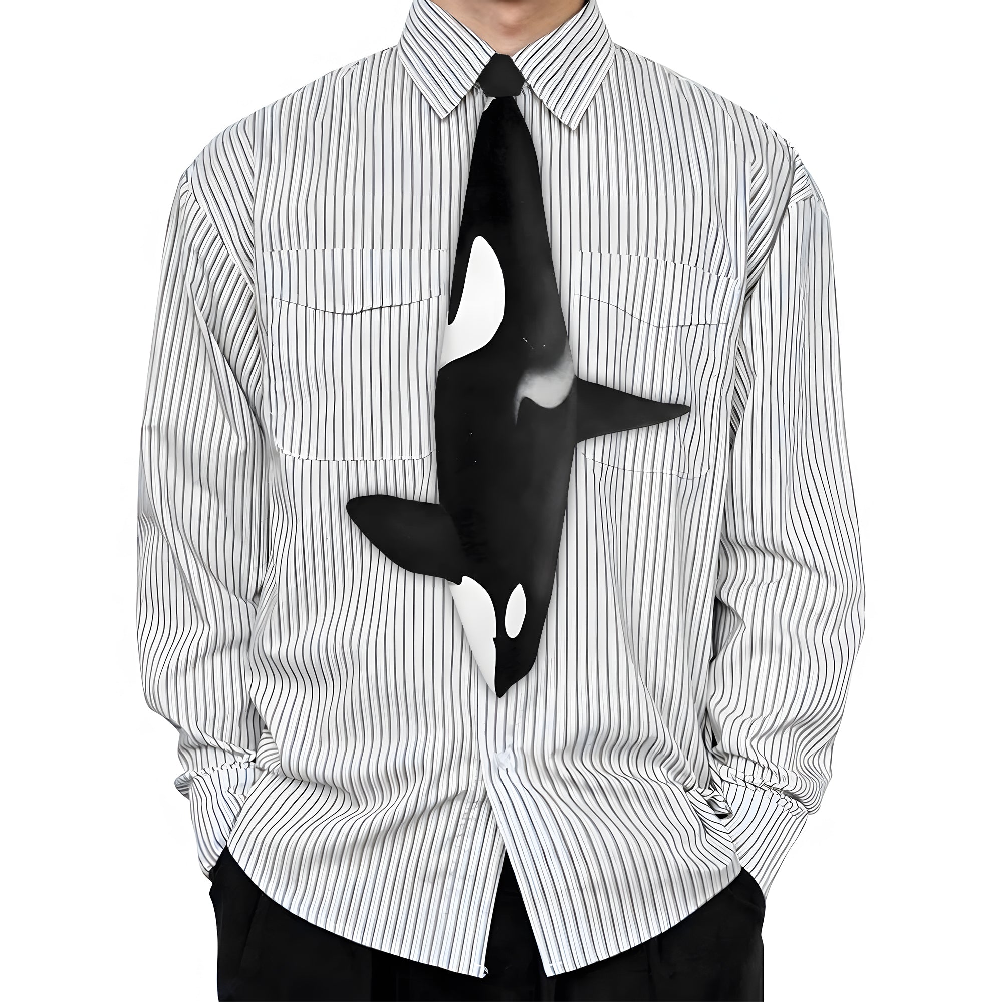 Unique novelty necktie featuring a sleek killer whale orca design.