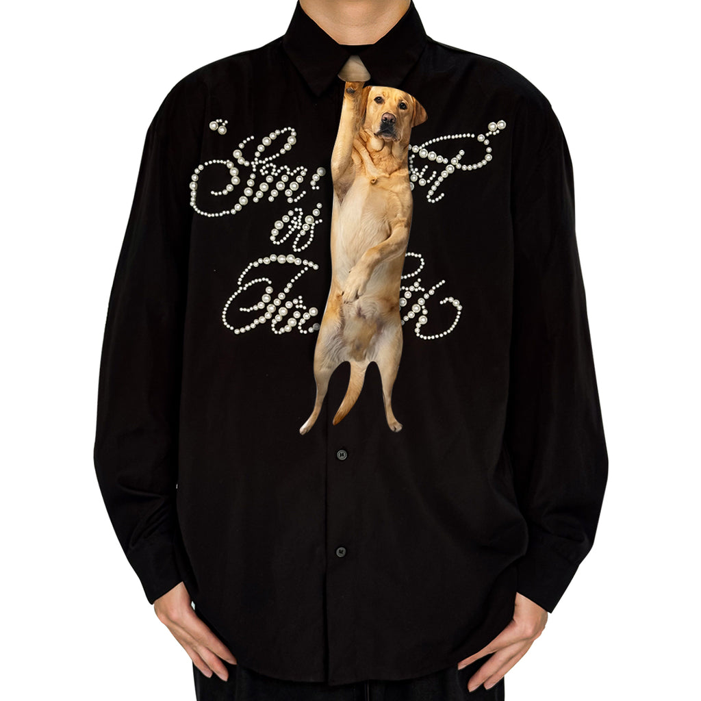 Novelty necktie featuring a realistic hanging yellow Labrador retriever design, a fun and unique fashion accessory for dog lovers.