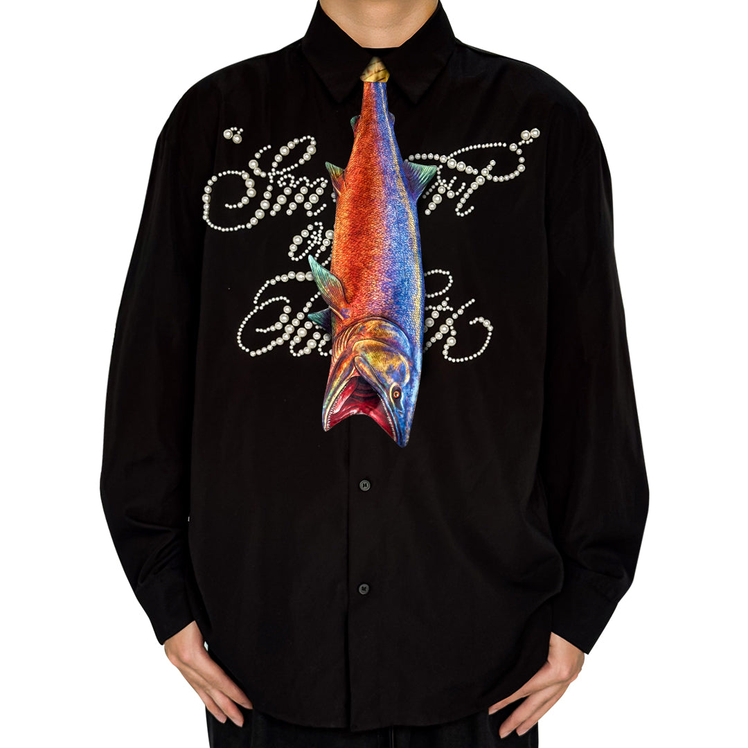 Novelty necktie featuring a realistic, detailed illustration of a fish with a striking gradient color transition from red to blue, a unique and eye-catching fashion accessory for aquatic life enthusiasts.