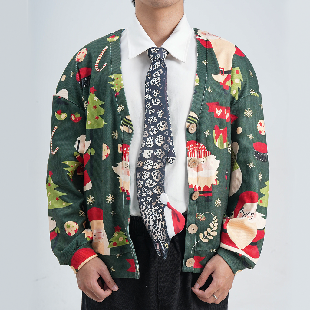 Eel-shaped novelty tie with a unique leopard print pattern and Santa hat, fun animal-themed festive accessory.