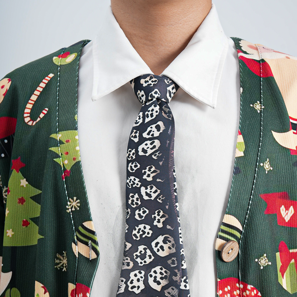Eel-shaped novelty tie with a unique leopard print pattern and Santa hat, fun animal-themed festive accessory.