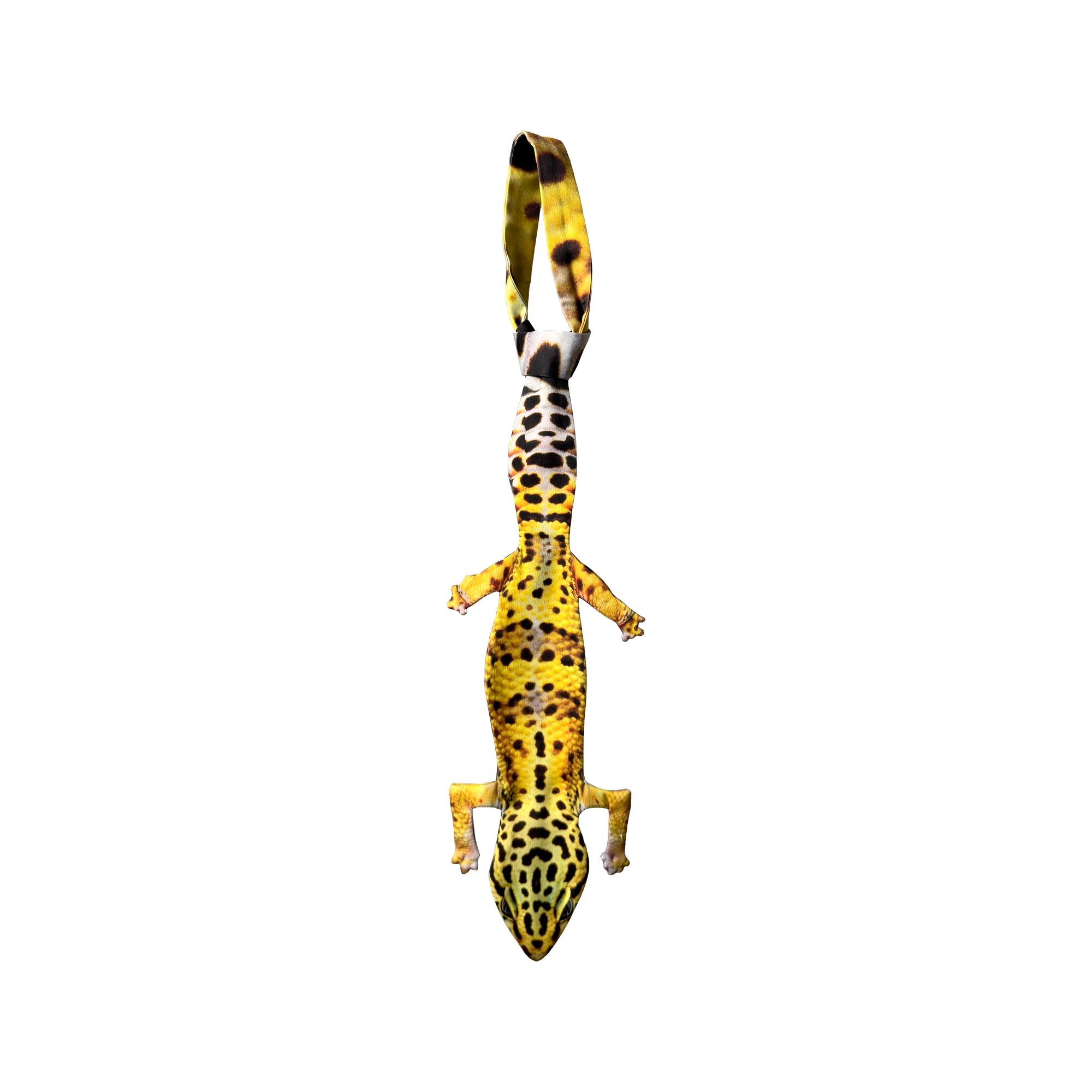 Novelty necktie featuring a realistic yellow and black spotted leopard gecko design, a unique and eye-catching fashion accessory.