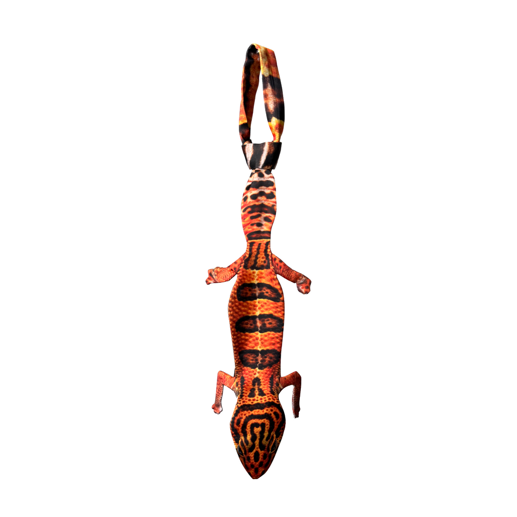 Novelty necktie featuring a realistic orange and black leopard gecko design, a unique and eye-catching fashion accessory.