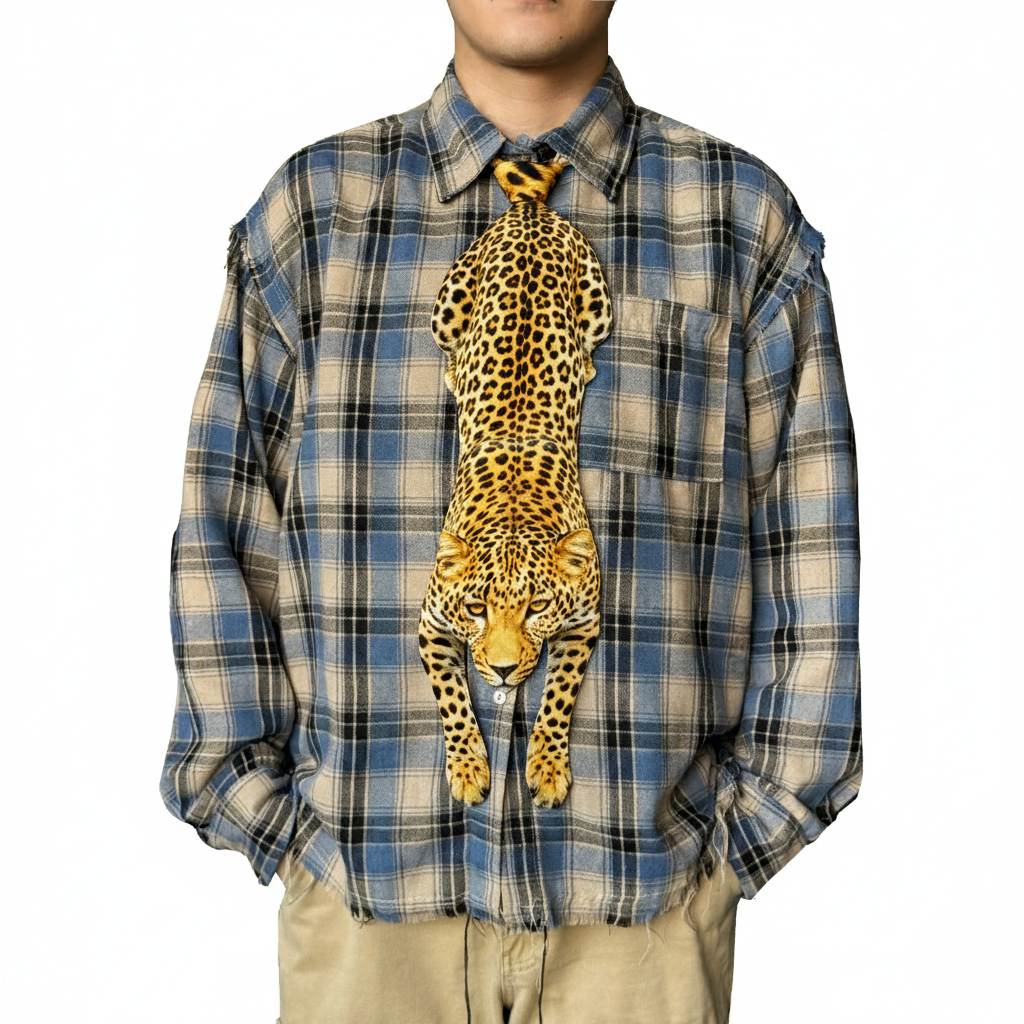 Novelty necktie featuring a realistic hanging leopard design, a bold and unique fashion accessory.