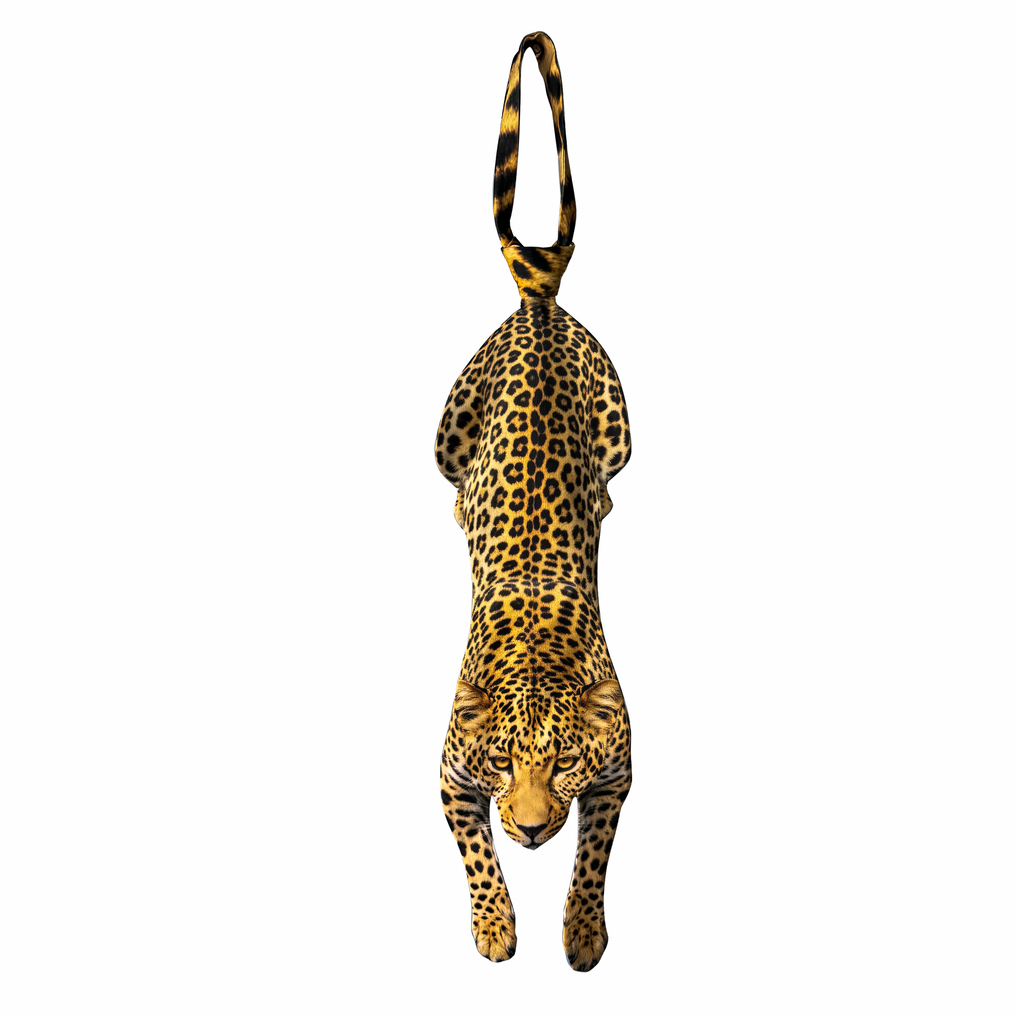 Novelty necktie featuring a realistic hanging leopard design, a bold and unique fashion accessory.