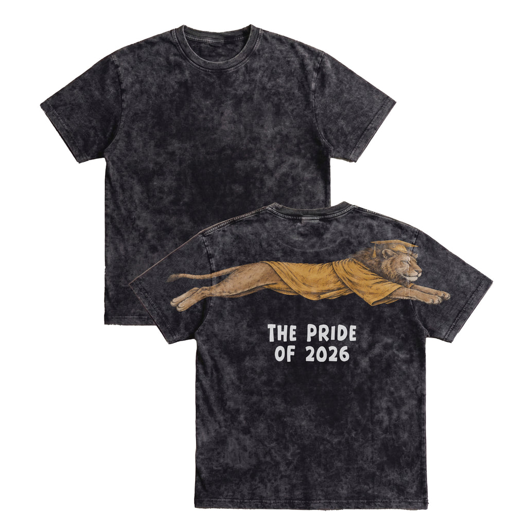 Lion The Pride of 2026 graduation graphic tee by Dripvity, unisex oversized white t-shirt with leaping lion in graduation cap and gown