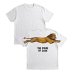 Lion The Pride of 2026 graduation graphic tee by Dripvity, unisex oversized white t-shirt with leaping lion in graduation cap and gown