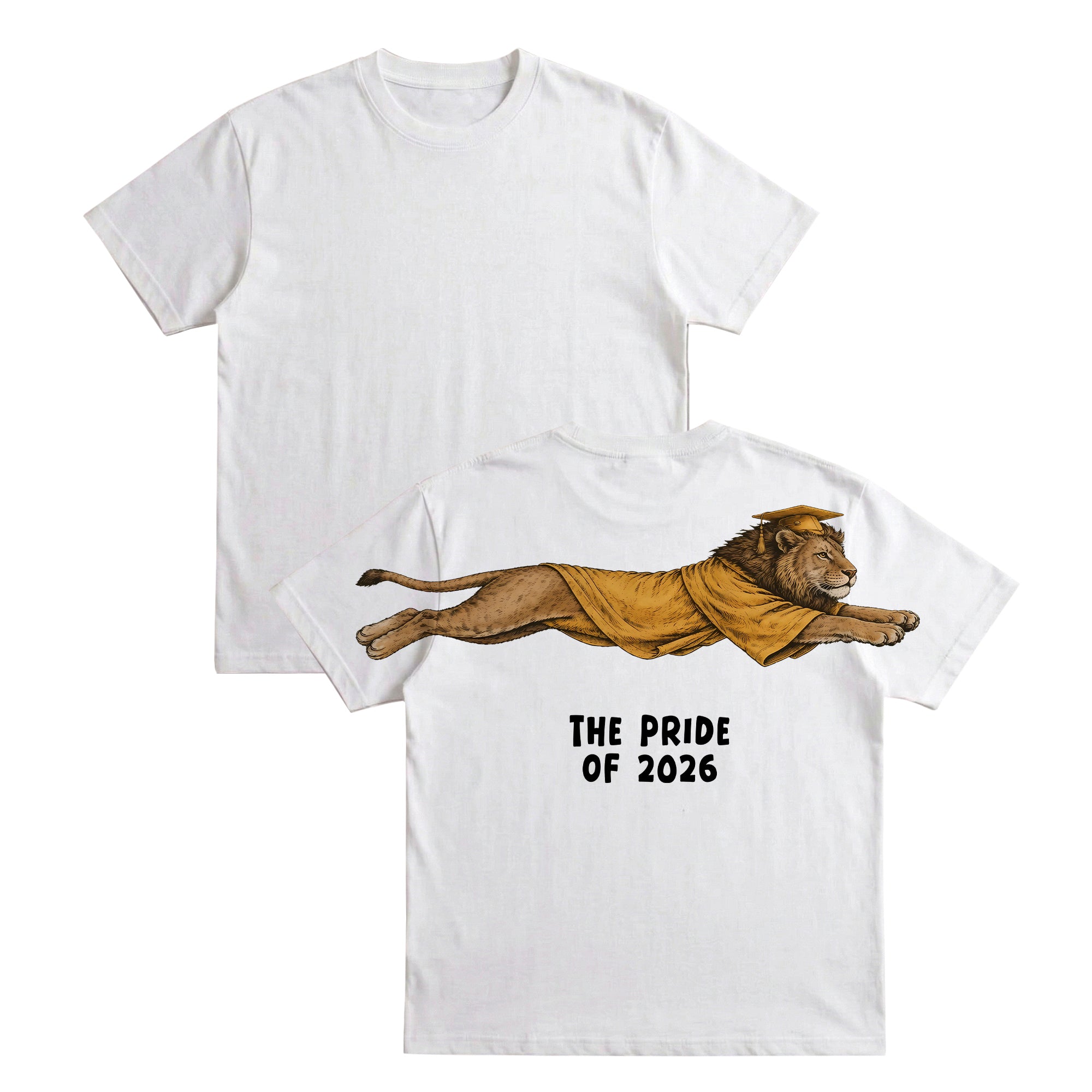 Lion The Pride of 2026 graduation graphic tee by Dripvity, unisex oversized white t-shirt with leaping lion in graduation cap and gown