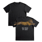 Lion The Pride of 2026 graduation graphic tee by Dripvity, unisex oversized white t-shirt with leaping lion in graduation cap and gown