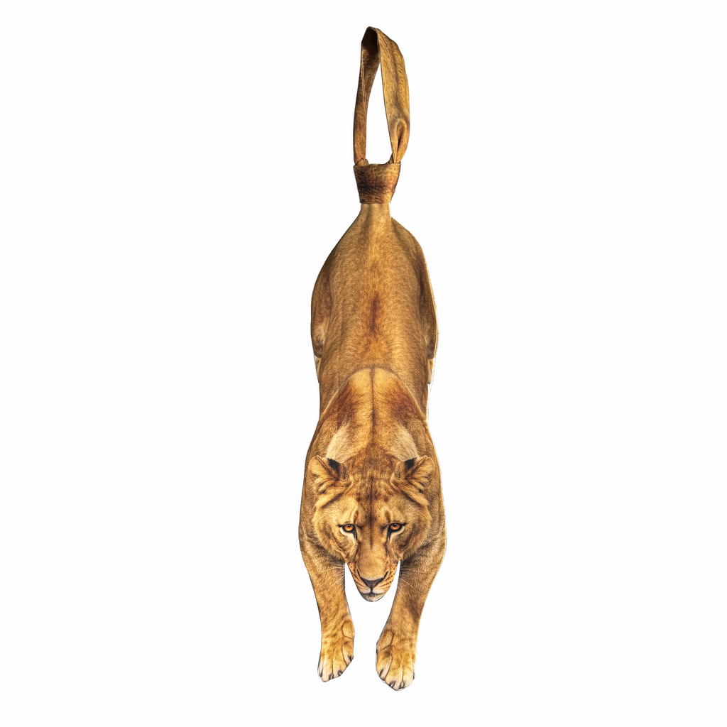 Novelty necktie featuring a realistic hanging lioness design, a bold and unique fashion accessory.