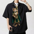 Novelty necktie featuring a ginger cat dressed as the character Loki, wearing a horned helmet, green cape, and gold armor
