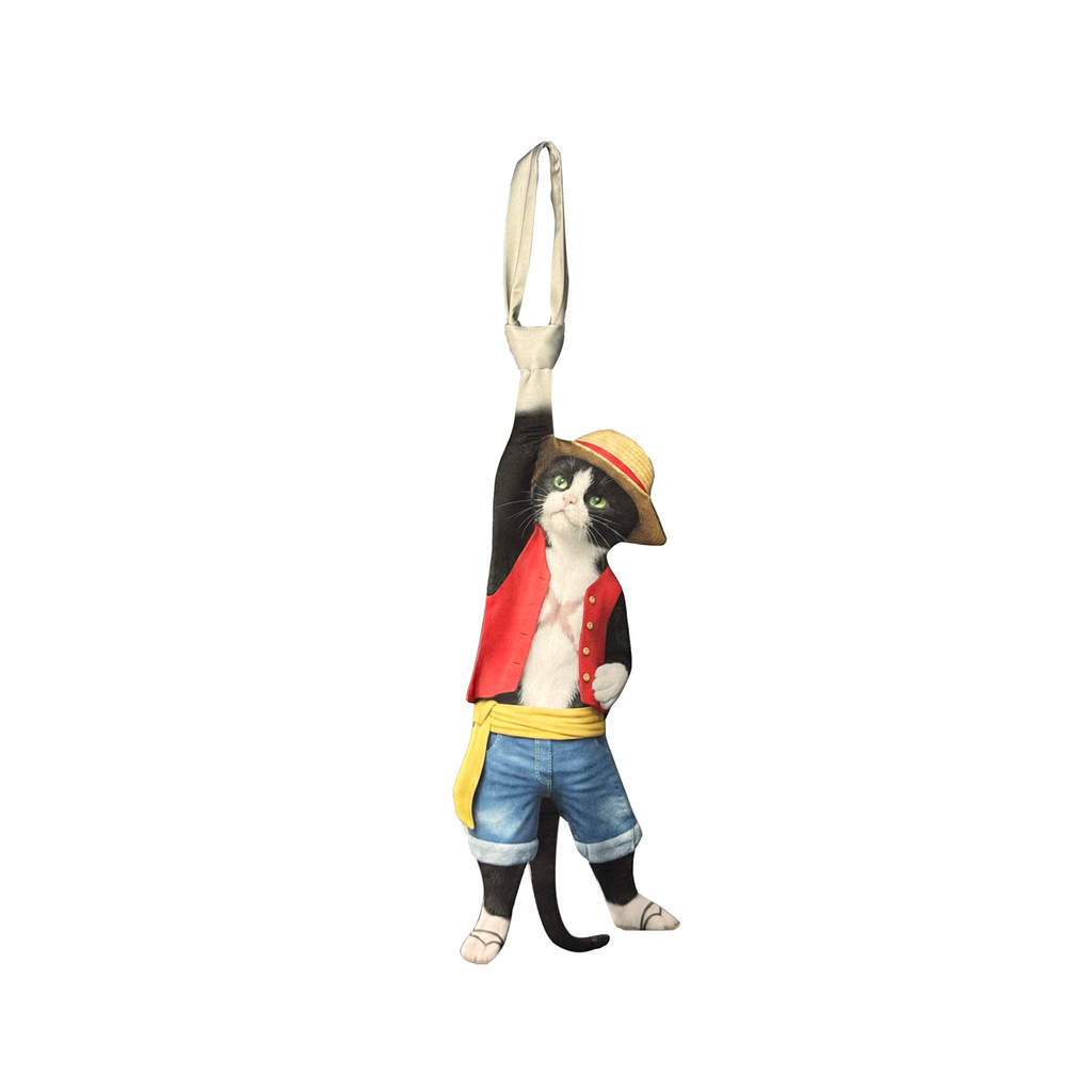 Novelty necktie featuring a creative illustration of a tuxedo cat cosplaying as Monkey D. Luffy from One Piece, wearing his iconic straw hat, red vest, and blue shorts, a fun and unique fashion accessory for anime fans