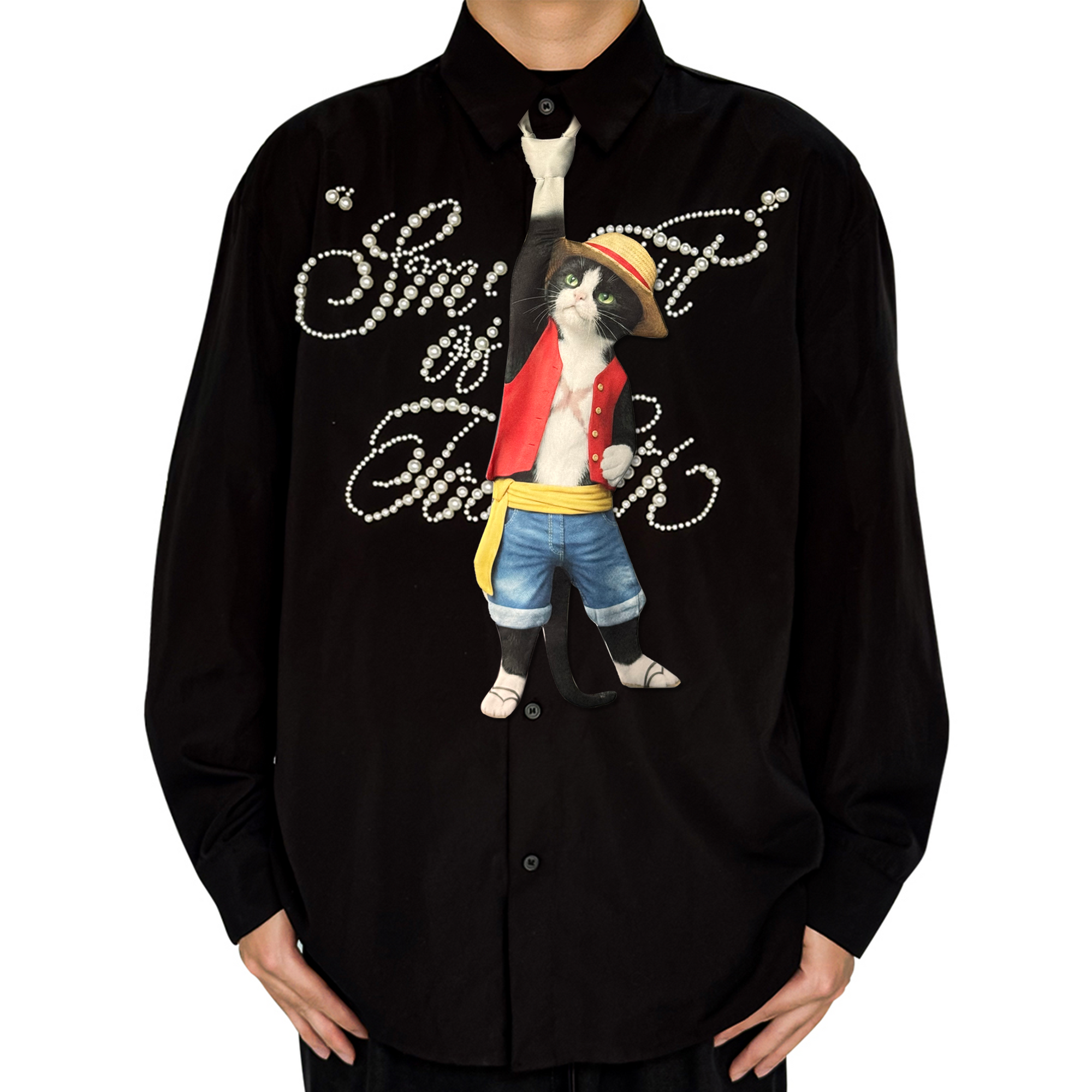 Novelty necktie featuring a creative illustration of a tuxedo cat cosplaying as Monkey D. Luffy from One Piece, wearing his iconic straw hat, red vest, and blue shorts, a fun and unique fashion accessory for anime fans