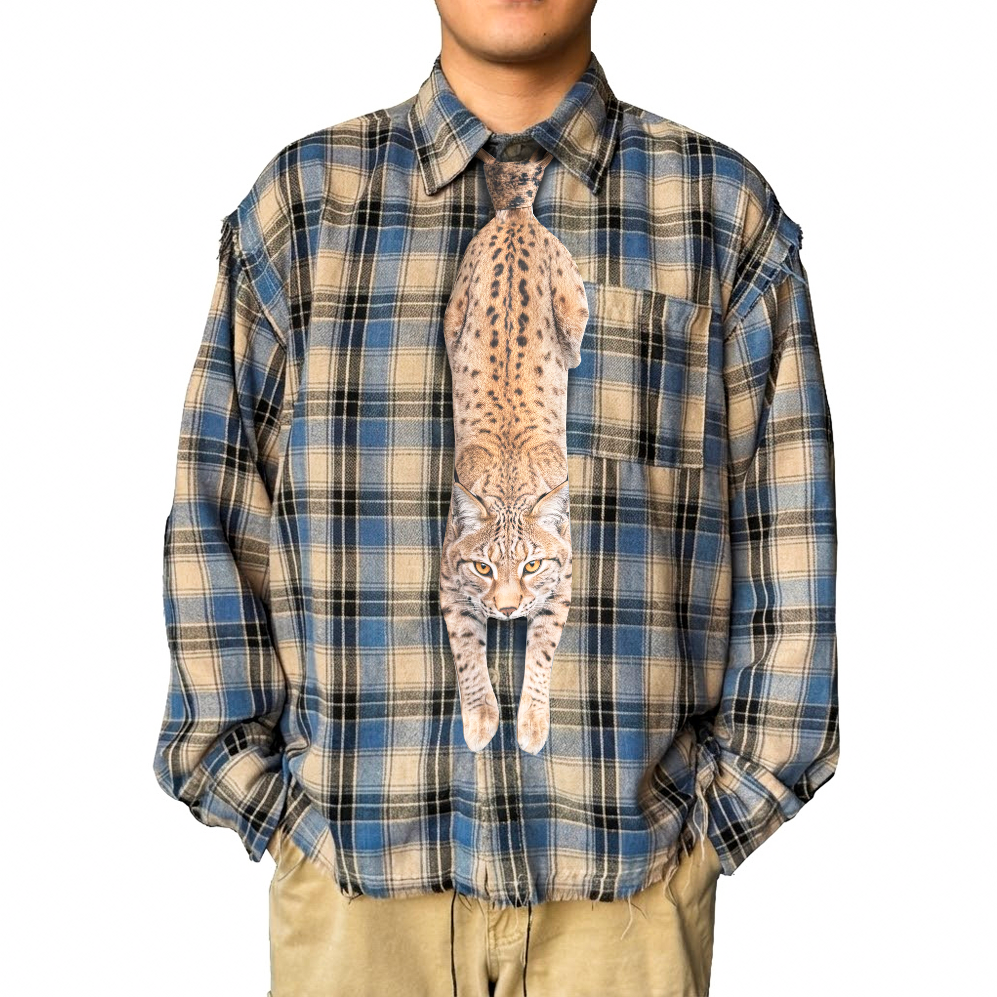Novelty necktie featuring a realistic hanging lynx design, a unique and eye-catching fashion accessory.
